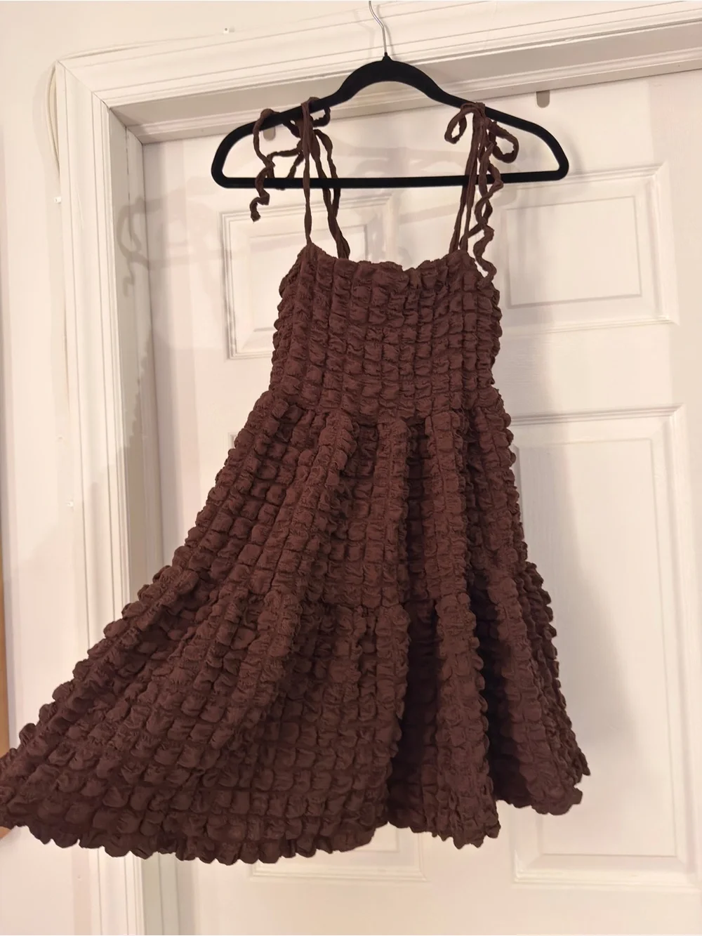 Brown Ruffled Smocked Tie-Shoulder Kids Dress